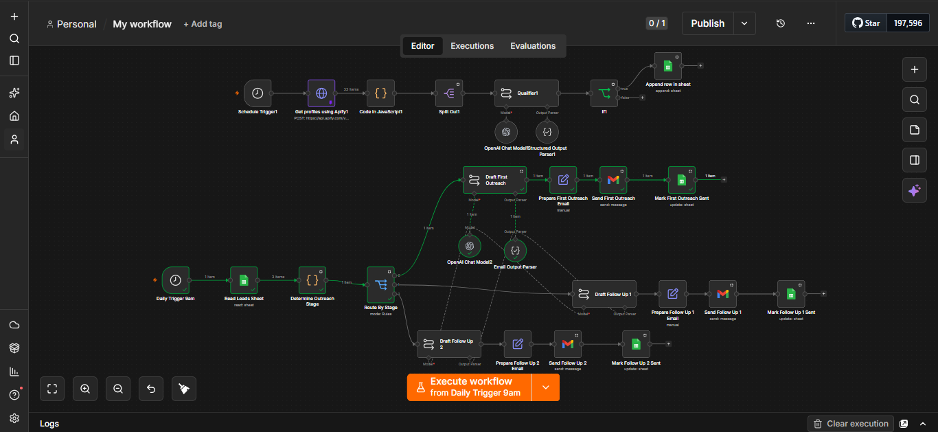Screenshot of the AI lead outreach and follow-up workflow